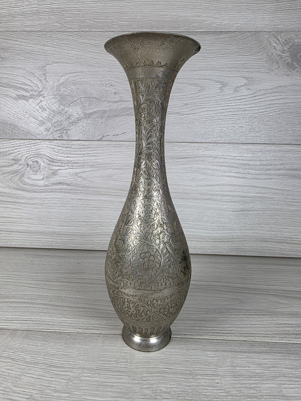 Vintage Inlaid Metal Table Flower Vase 11" Decorative Silver Floral Motif SU5